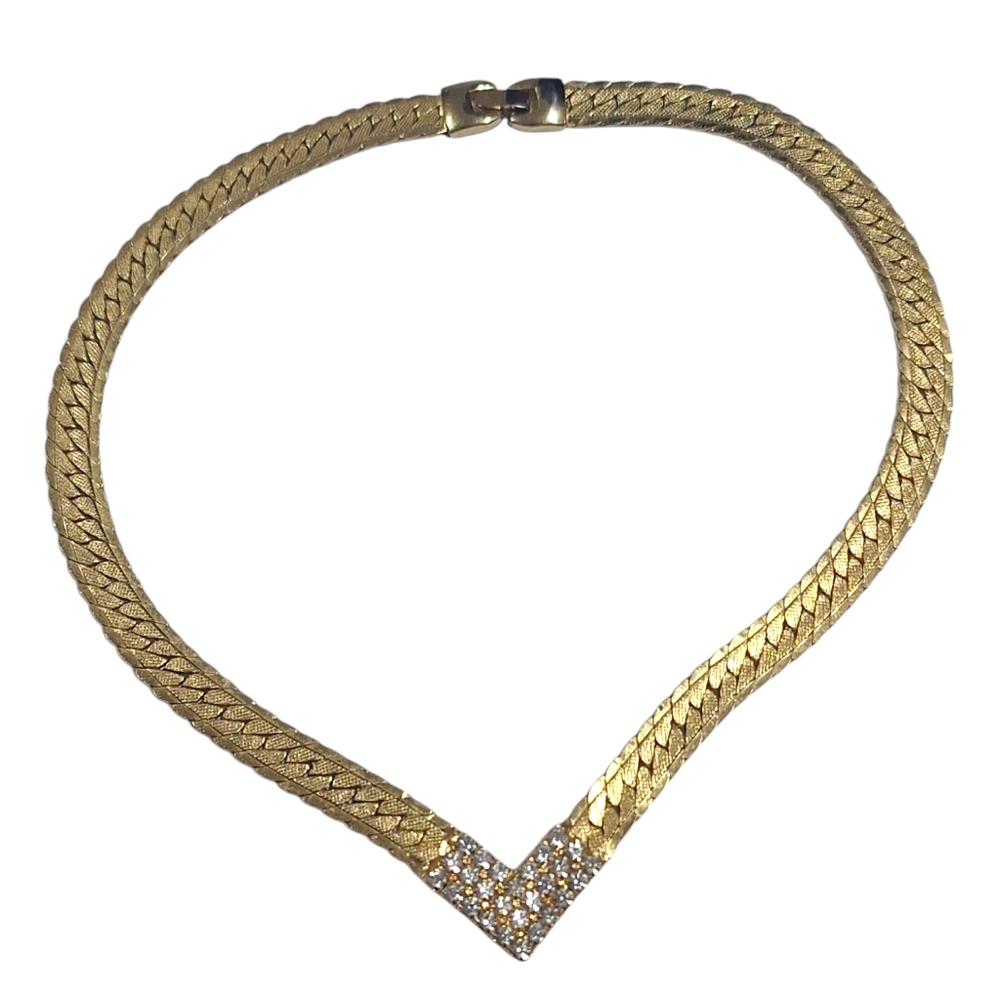 Vtg Gold Tone Clear Rhinestones Cocktail Collar Necklace 16.5" Foldover Clasp